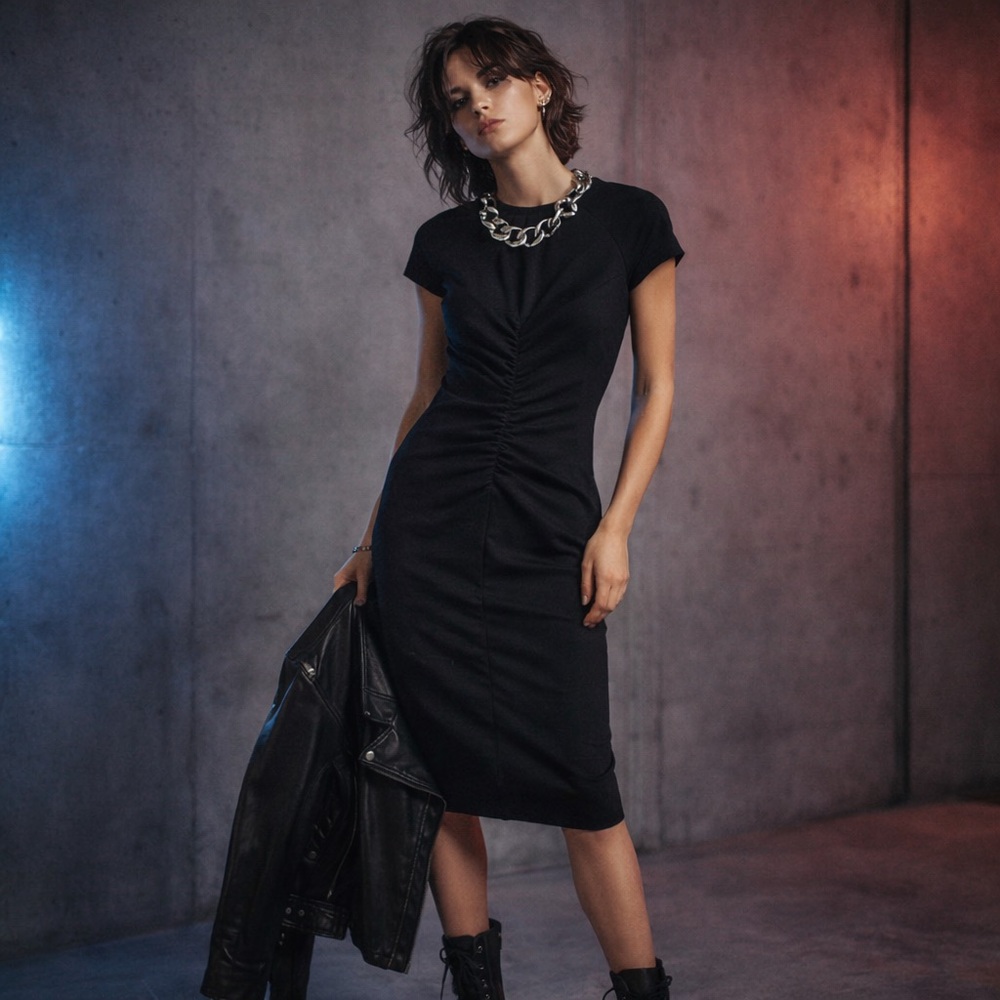 Tenax Mini dress LBD Bow embellished black Ruched Jewel Cap sleeve M